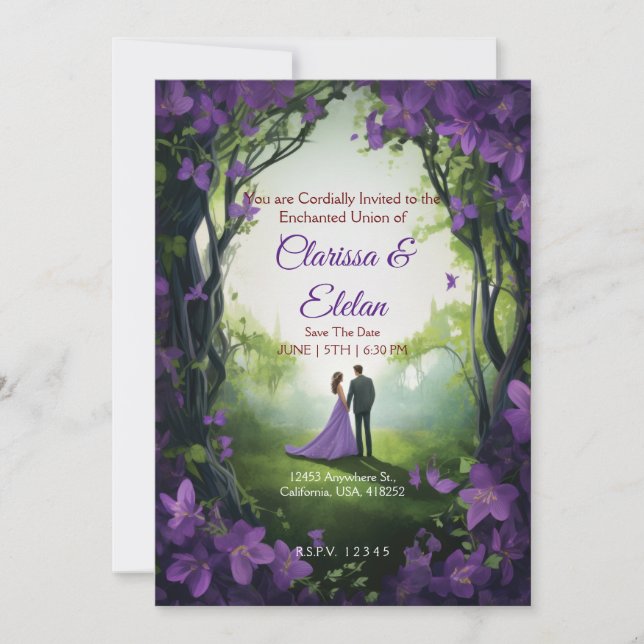 Convite de casamento contos de fadas florais roxos (Frente)