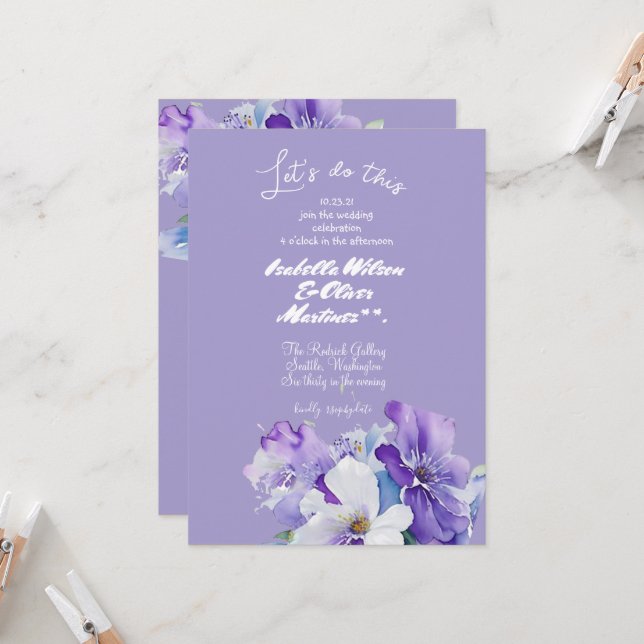 convite de casamento cor lavanda floral (Frente/Verso In Situ)