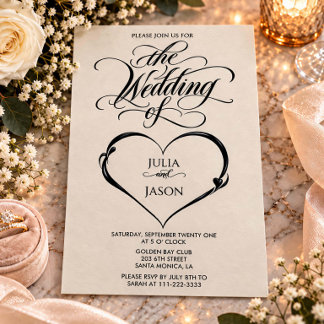 Convite de Casamento Coração com Caligrafia Elegan