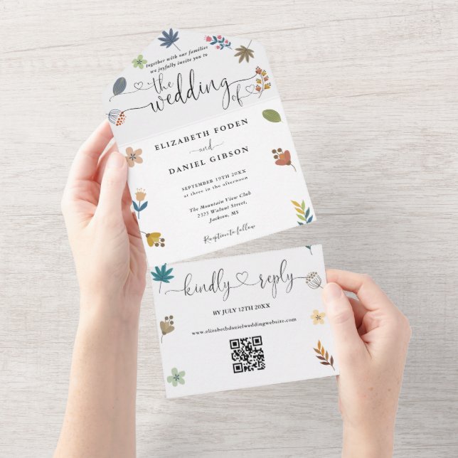 Convite de Casamento Coração com Código QR Floral  (Aba destacável)