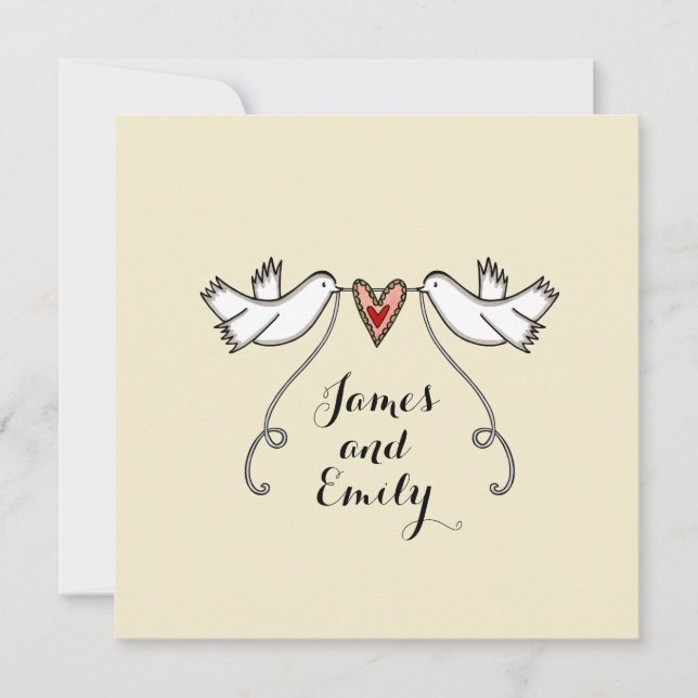 Convite de Casamento Coração de Amor Pombas Branca (Frente)