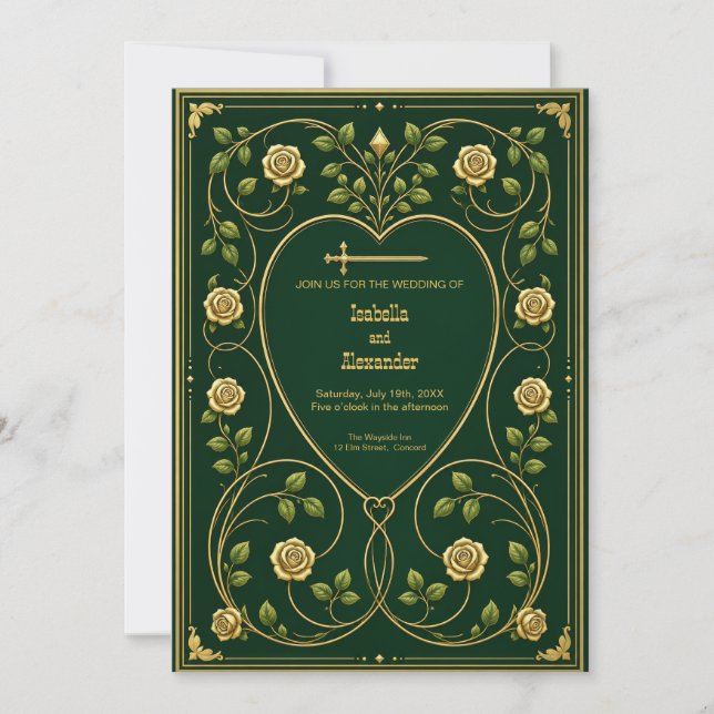 Convite de Casamento Coração e Espada Medieval Rea (Frente)