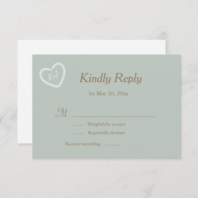 Convite de Casamento Coração em Sage Branco Dourad (Frente/Verso)