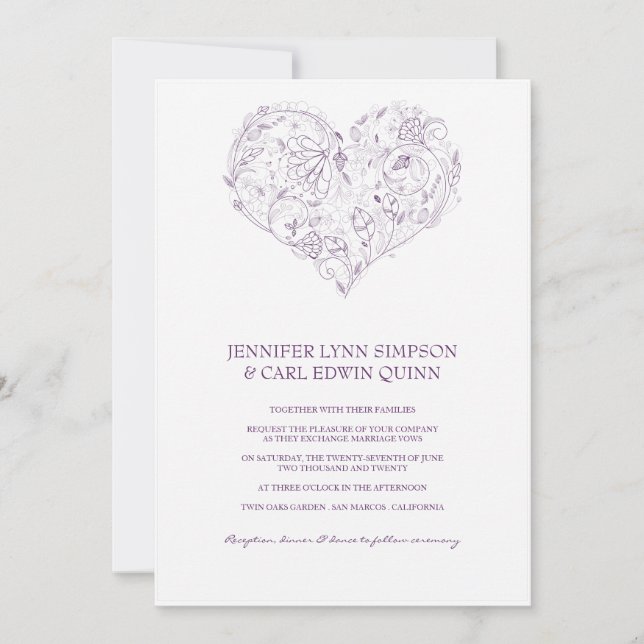 Convite de Casamento Coração Floral Roxo (Frente)