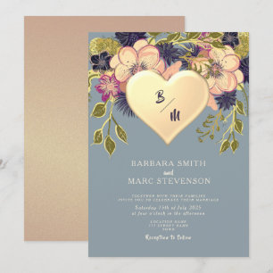Convite de Casamento Coração Floral Rústico Dourad
