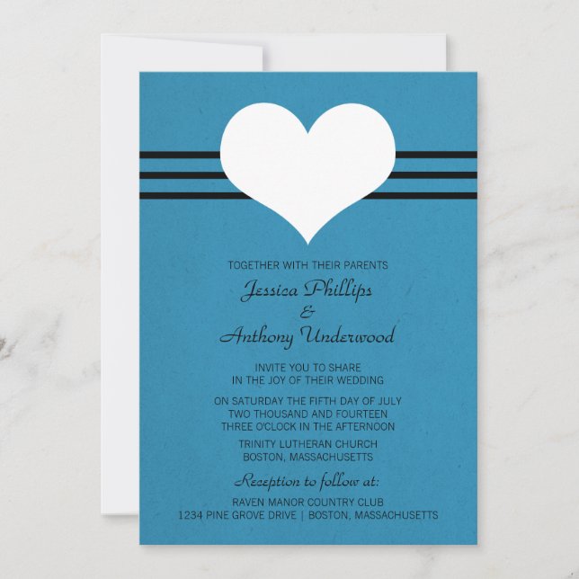 Convite de casamento Coração Moderno, Azul (Frente)