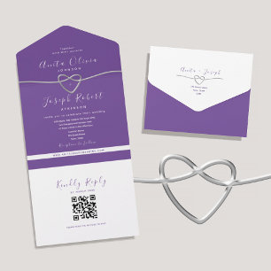 Convite de Casamento Coração Prateado Roxo Código