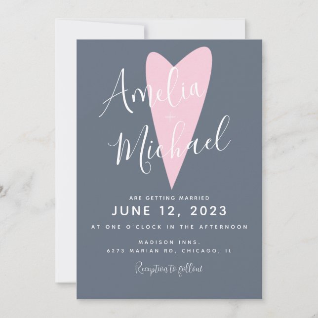Convite de Casamento Coração Rosa Azul Moderno Sof (Frente)
