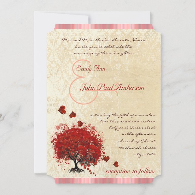 Convite de Casamento Coração Vermelho Árvore Caind (Verso)