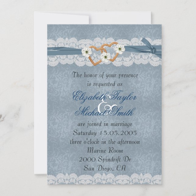 Convite de Casamento Corações com Laço Azul de Ren (Frente)