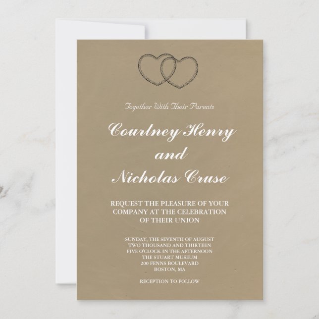 Convite de Casamento Corações de Renda Rústica (Frente)