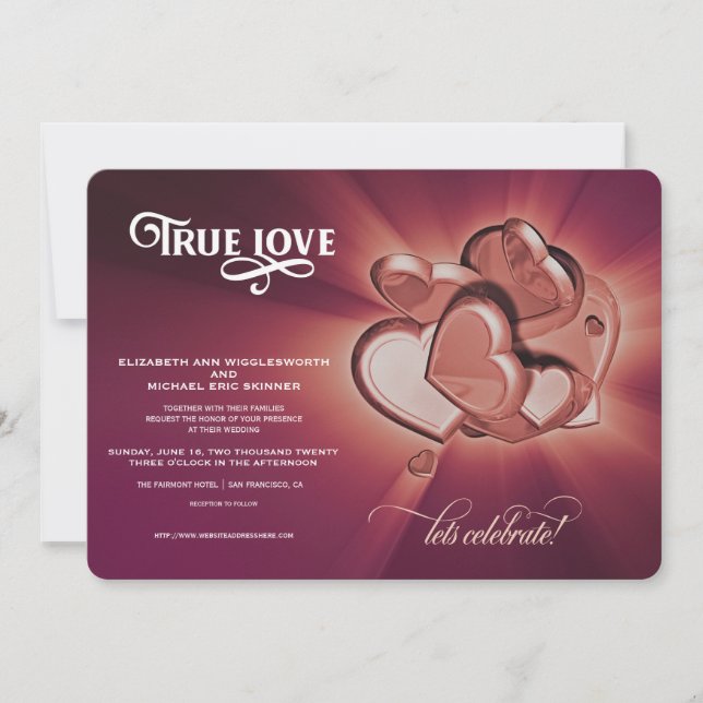 Convite de Casamento Corações em Rose Gold True Lo (Frente)
