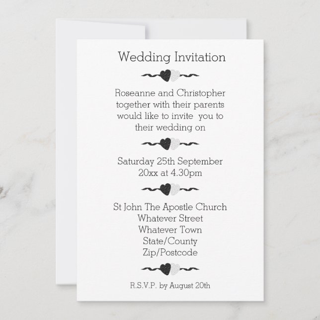 Convite de Casamento Corações Preto e Branco (Frente)