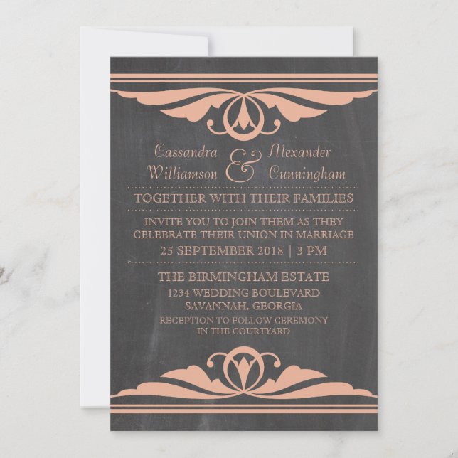 Convite de casamento Coral Deco Chalkboard (Frente)