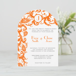 Convite de Casamento Coral e Cinza Laranja Damask