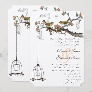 Convite de Casamento Coral e Cinza Vintage Pássaro