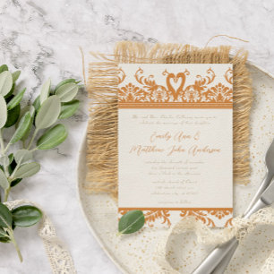 Convite de Casamento Coral e Marfim Damask Pássaro