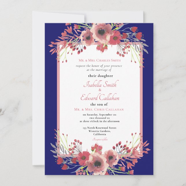 Convite de Casamento Coral Moderno Peônia Naval Co (Frente)