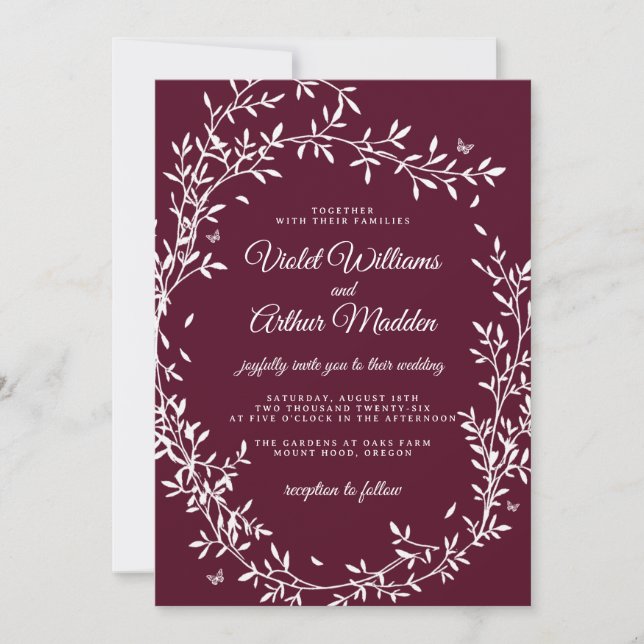 Convite de Casamento Coroa Botânica Borgonha (Frente)