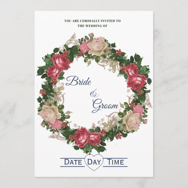 Convite de Casamento Coroa de Rosas Elegantes (Frente)