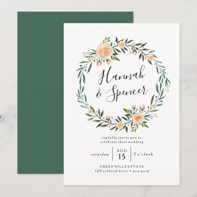 Convite de Casamento Coroa de Rosas Pêssego (Frente/Verso)