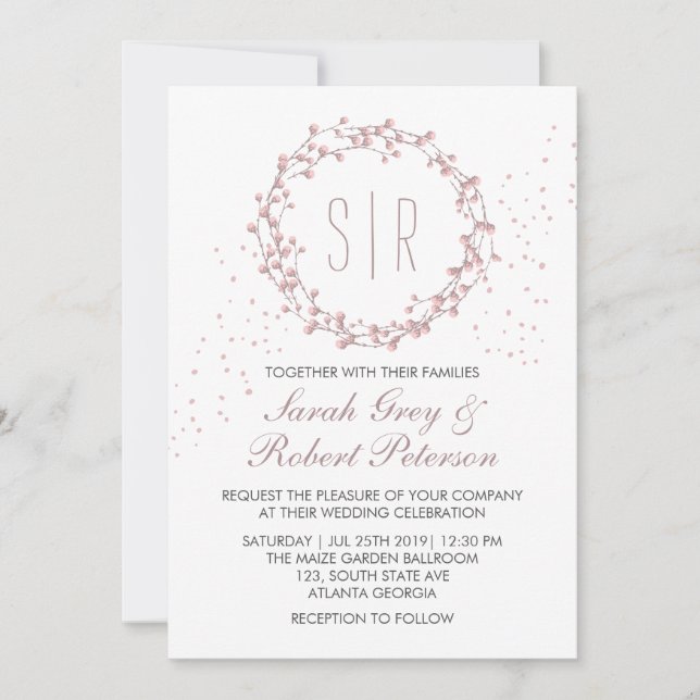 Convite de Casamento Coroa Floral Rosa Empoeirado  (Frente)