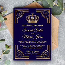 Convite de Casamento Coroa Ornata Azul Elegante em