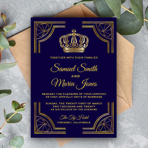 Convite de Casamento Coroa Ornata Azul Elegante em