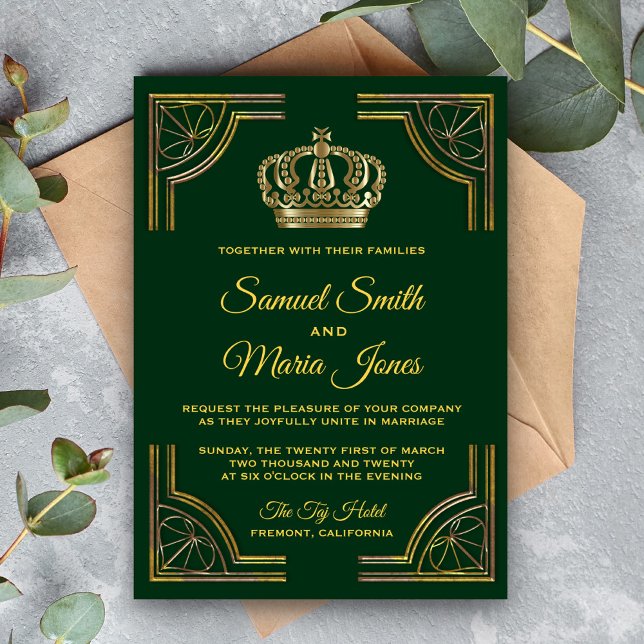 Convite de Casamento Coroa Ornata Verde Elegante D (Criador carregado)