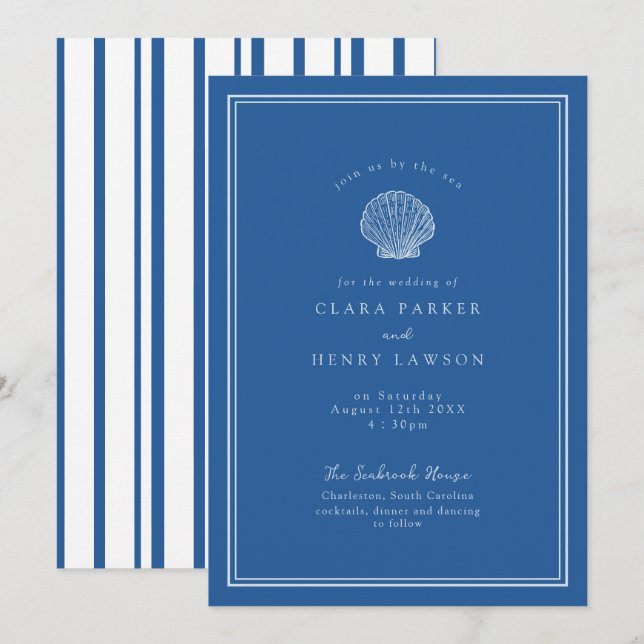 Convite de Casamento Costeiro Concha Azul Francês (Frente/Verso)
