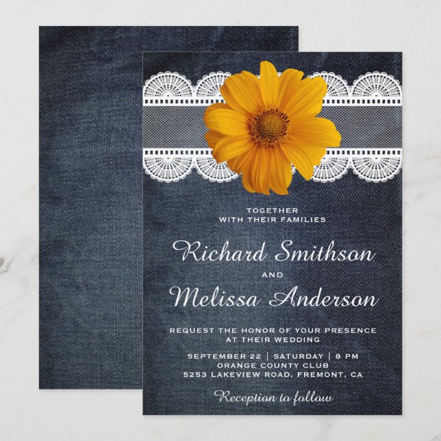 Convite de Casamento Country em Gaze de Jeans com  (Frente/Verso)