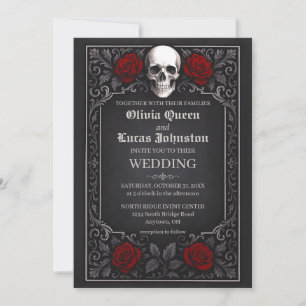 Convite de Casamento Crânio & Rosas Elegante Gótic