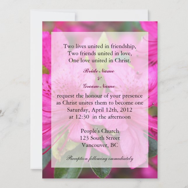 convite de casamento cristão com flores de azálea  (Frente)