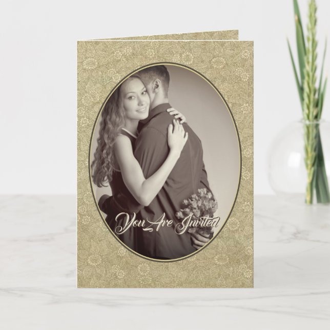 Convite de Casamento Cristão Damask Creme/Tan (Frente)