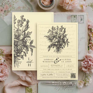 Convite de Casamento Cristão QR Floral Vintage Ama