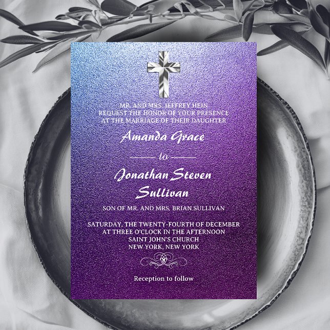 Convite de Casamento Cruz Cristã Prata Roxa (Purple Silver Christian Cross Wedding Invitation)