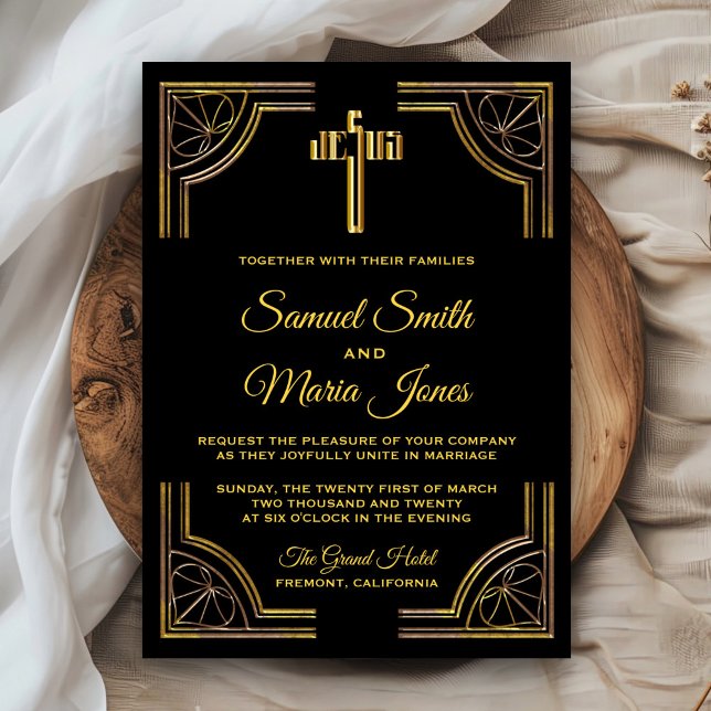 Convite de Casamento Cruz de Jesus Cristo Ouro Pre (Criador carregado)