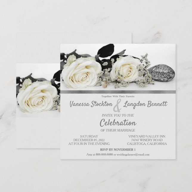 Convite de Casamento da Rosa Branca de Chic (Frente/Verso)