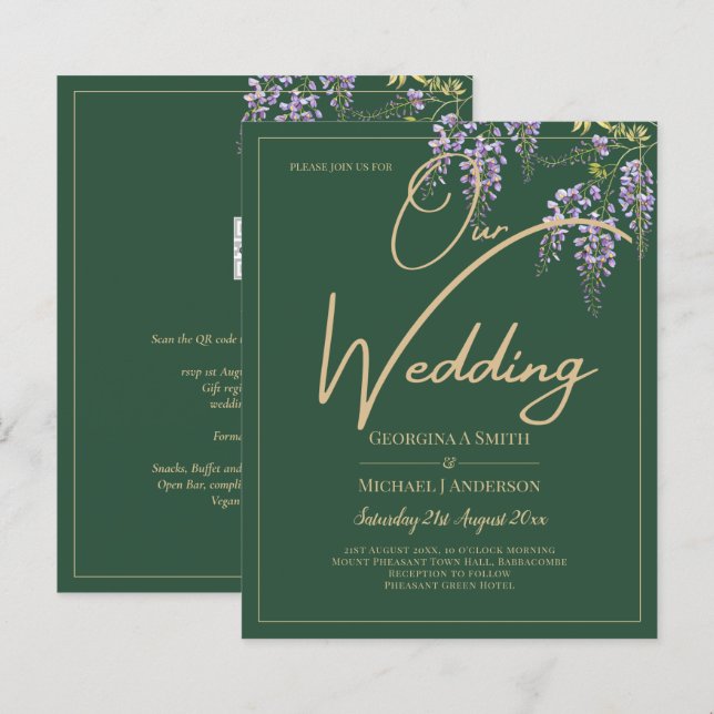 Convite de casamento da WISTERIA Roxa Verde LeahG (Frente/Verso)