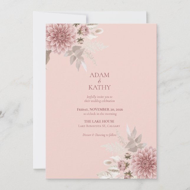 Convite de Casamento Dália Rosa Bege (Frente)