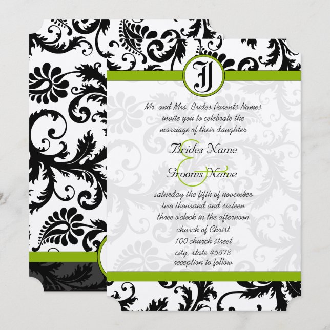 Convite de Casamento Damasco Verde Maçã Preto Únic (Frente/Verso)