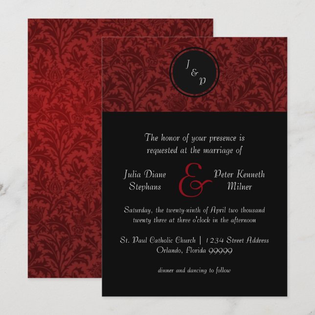 Convite de Casamento - Damasco Vermelho e Laço Ver (Frente/Verso)