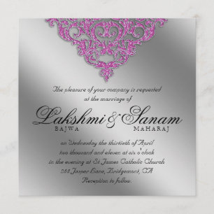 Convite de casamento Damask Brilho Prata Rosa
