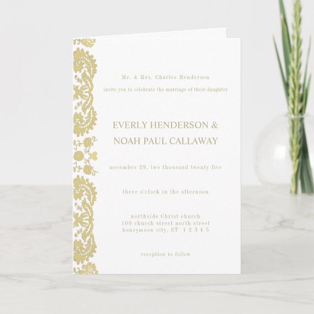 Convite de Casamento Damask Creme-Escolha o Fundo (Frente)