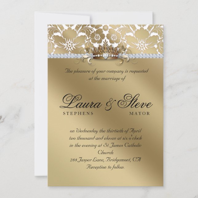 Convite de casamento Damask Dourado Floral (Frente)