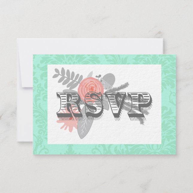 Convite de Casamento Damask Moderna em Verde Água (Verso)