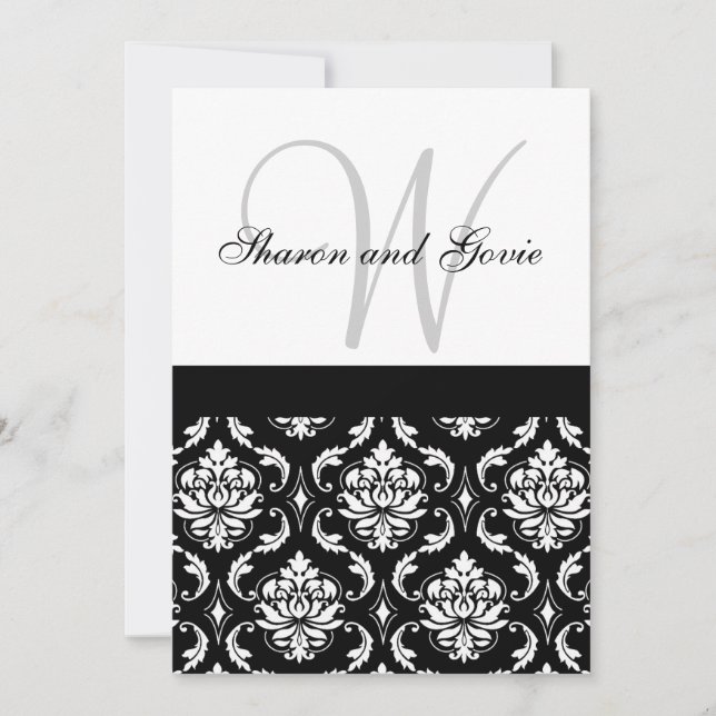 Convite de Casamento Damask Monograma & Nomes Vers (Frente)