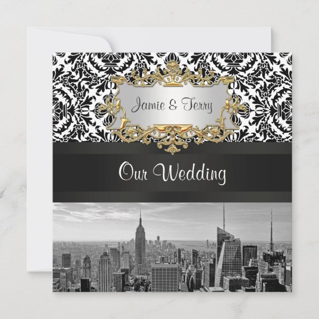 Convite de Casamento Damask NYC Skyline BW 431 (Frente)