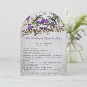 Convite de Casamento Damask Pássaros Vintage Roxo