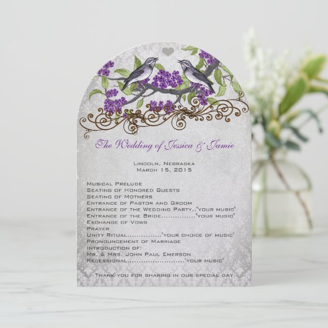 Convite de Casamento Damask Pássaros Vintage Roxo  (Em pé/Frente)